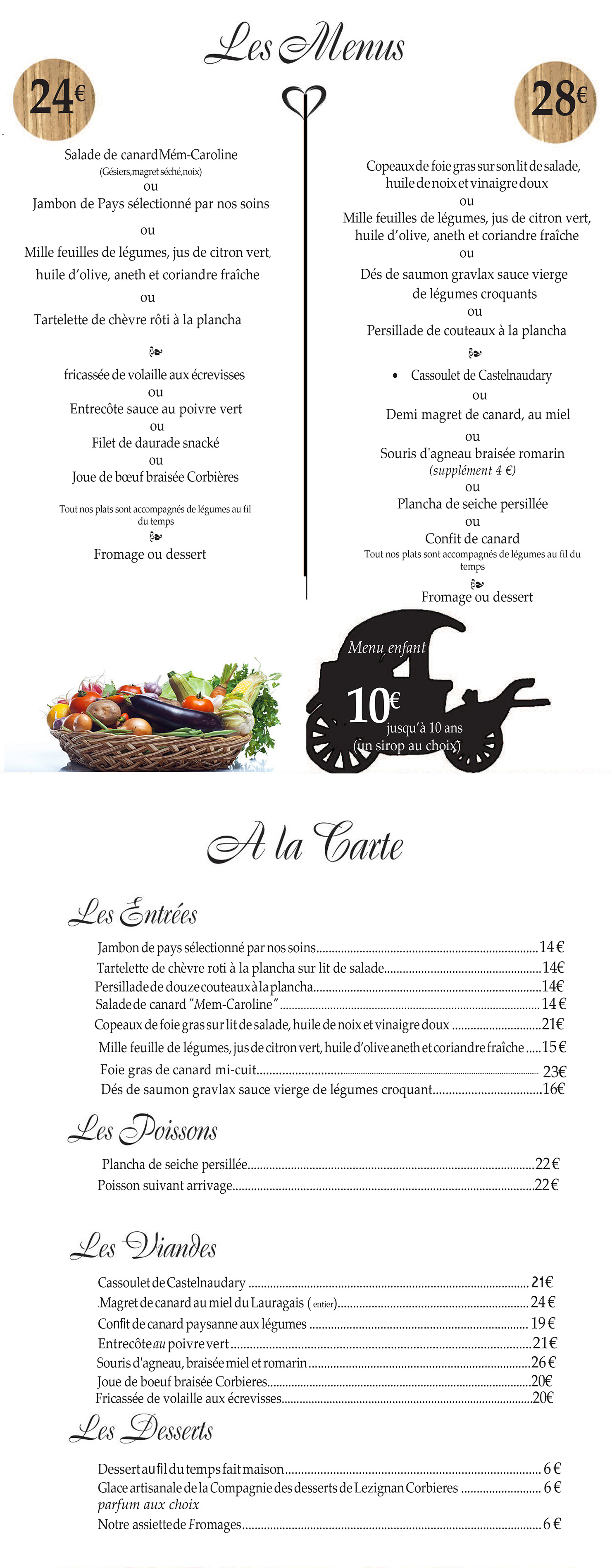 Menu et carte auberge La Calèche Peyrens